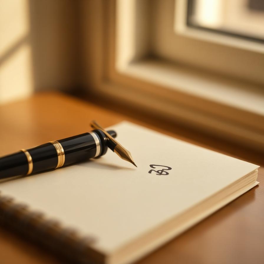 Fountain pen on cream notepad in warm window light