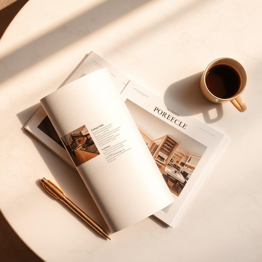 Open listing brochure on marble table with gold pen and espresso