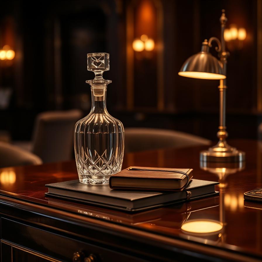 Crystal decanter and leather dossier on a polished concierge desk