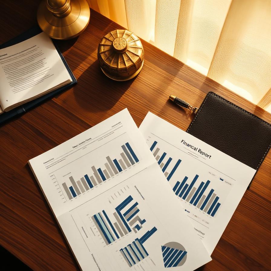 Printed financial report with charts on a walnut desk